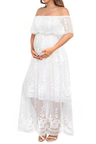 Image of Women's Off Shoulder Maternity Dress Swiss Dot Boho Baby Shower Dress | Swiss dot chiffon fabric,off shoulder boho design,maternity baby shower dress style