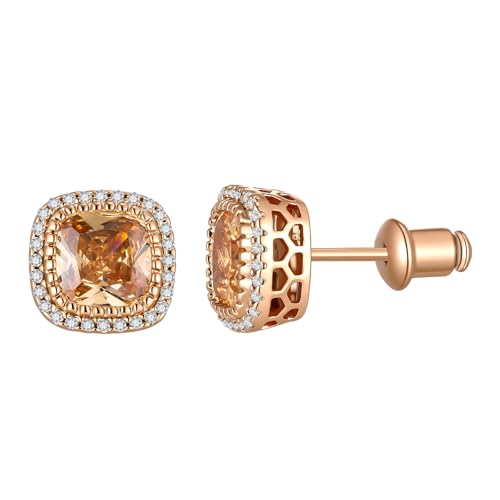 Gotumo 14K Gold Plated Stud Earrings for Women Cubic Zirconia Birthstone Jewelry CZ Halo Stud Earrings Nickel-Free Hypoallergenic for Sensitive Ears Sparkly Dainty Ever Rose Gold(Champagne)