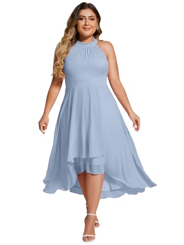 Image of Ever-Pretty Plus Women's Sleeveless Halter A Line Pleated High Low Plus Size Wedding Guest Cocktail Dresses 31926-DA