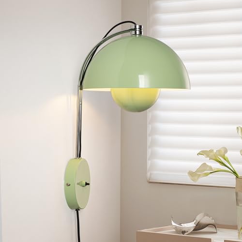 Image of Mid-Century Modern Bud Plug in Wall Sconces for Bedroom, Pastel Green | Indirect lighting reading wall lamp, all-metal construction, plug-in or hardwired install, fits bedroom bedside, living room