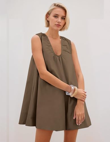 Image of OLAPTA Women Summer Sleeveless Babydoll Mini Tank Dresses Loose Fit Scoop Neck Ruched Short Dress with Pockets Party Clubwear