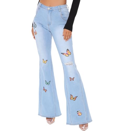Women's Ripped Bell Bottom Jeans Butterfly Print High Waisted Stretchy Slim Wide Leg Denim Pants
