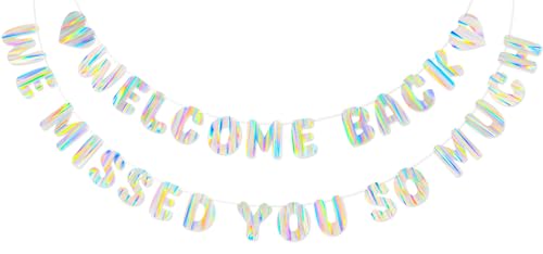 Iridescent Welcome Back We Missed You So Much Banner Holographic Welcome Back Decorations Pre-Strung Welcome Home sign for Office Party Family Gathering Back to School Military Homecoming