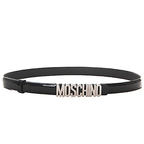 MOSCHINO Gürtel Leder schwarz Lack Logo klein silber Größe 40, Schwarz ,...