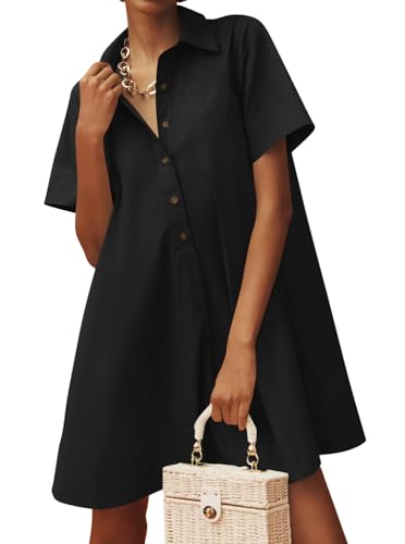 Wenrine Womens Button Down Shirt Dress Oversized Casual Short Sleeve Collared V Neck Summer Mini Dresses