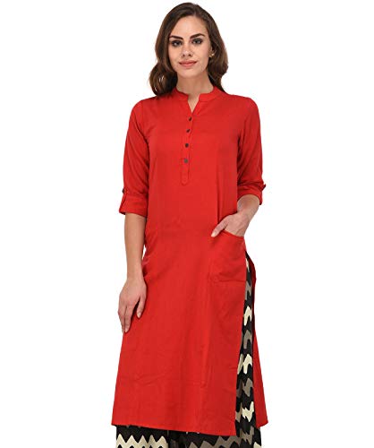 Image of Pistaa's Women's Cotton Relaxed Fit Straight Solid Kurta With Two Patch Pockets