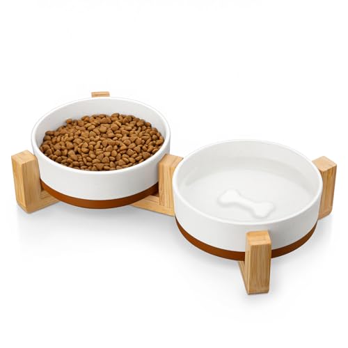 MALACASA Hundenapf Keramik mit Bambus Ständer 480 ml Doppelte Futternapf für Kleine Hunde Katzen futternapf und wassernapf Hund Rutschfester Stand Spülmaschinenfest