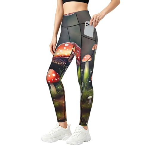 Leggings con estampado de hongos para mujer y top conjunto de gimnasio con bolsillos