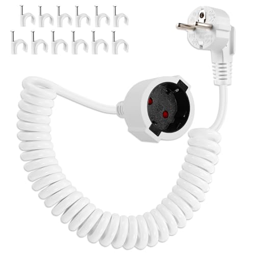 Cabo de extensão espiral, cabo de extensão curto espiral, extensão espiral elástica de 0,75 m a 2 m máx, extensão de contacto de proteção, cabo de extensão Schuko IP20 (230 V/16 A) branco