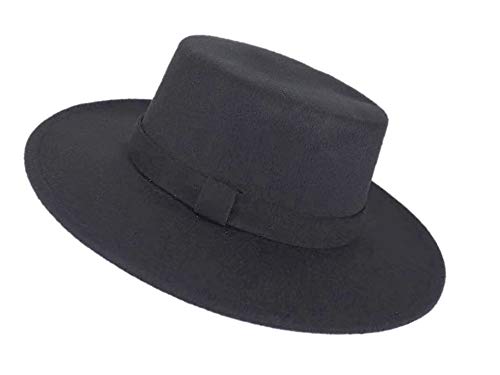 Men Women Unisex Felt Fedora Porkpie Vintage Style Wide Brim Circular Stingy Brim Hat (Black)