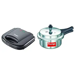 Prestige PGMFB 800 Watt Grill Sandwich Toaster with Fixed Grill Plates, Black + Prestige Popular Aluminium Pressure Cooker, 2 Litres, Silver