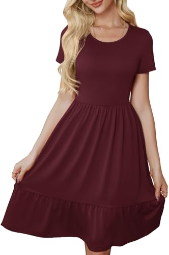 Image of Women's Casual Summer Dress Short Sleeve Swing Flowy Shirt Crewneck Aline Midi Beach Dresses Burgundy