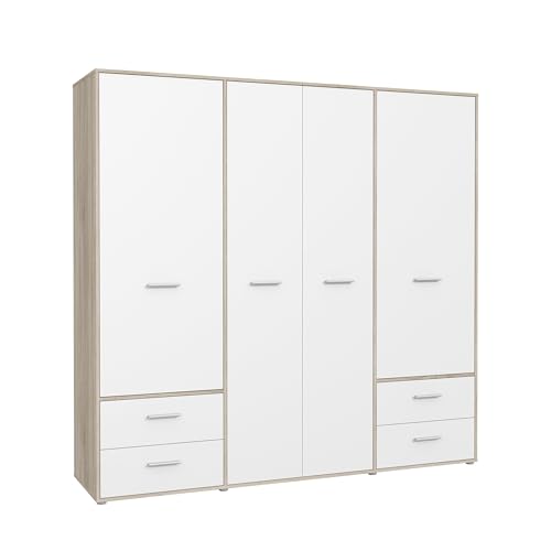 Forte MOKKARO Armario 200 210, Armario de Dormitorio Moderno, 4 Puertas, con 4 cajones, estantes y Barra para Colgar, Color Blanco, 206 cm de Ancho x 200 cm de Alto x 53 cm de Profundidad