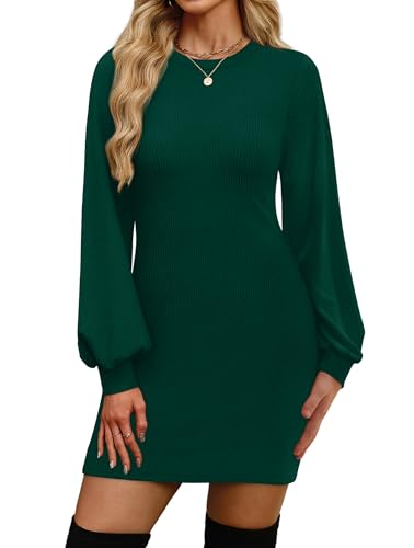 OFEEFAN Dresses for Women Puff Sleeve School Outfits for Teachers Bodycon Sweater Dresses Green L