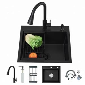 Fregadero de cocina multifuncional negro con grifo extraíble de 2 modos de pulverización, dispensador de jabón, escurredor, fregadero de acero inoxidable, 50 x 45 x 20 cm, fregadero 1 bandeja