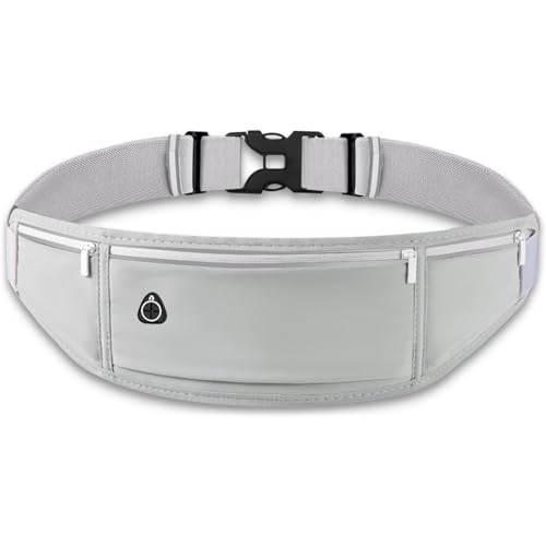 Vlfn ランニング ポーチ ウエストバッグ 薄型設計 伸縮大容量 防水加工 反射ストライプ イヤホン穴付き ランニングベルト 調整可能ベルト 揺れ防止 登山 自転車 夜間ランニング アウトドアスポーツ 通気性 快適 おしゃれ メンズ レディース (グレー