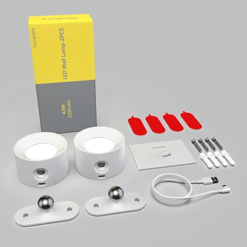 Image of Koopala 2PACK LED Wall Lamps with Rechargeable Battery Operated, Wall Mounted Lights with 3 Brightness 3 Color Temp Removable Charging 360Rotate Magnetic, Cordless Wall Sconces for Reading Bedside