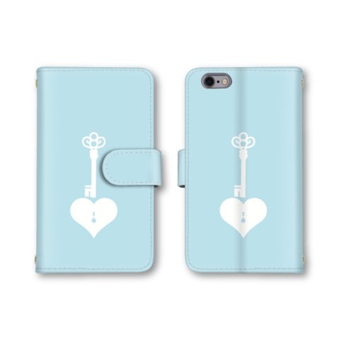 【ノーブランド品】 iPhone7 Plus 用 スマホケース 手帳型 ハート 鍵穴 鍵 キー ブルー 青色 かわいい おしゃれ 携帯カバー