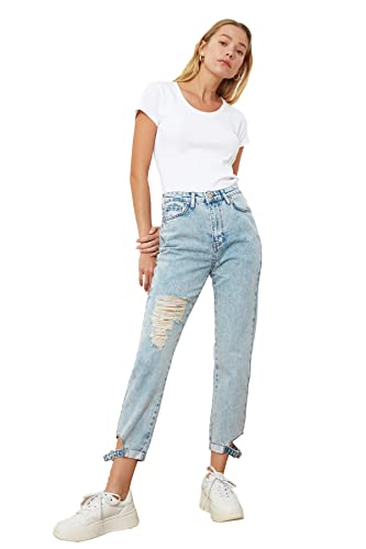 Trendyol Damen Ripped Trotting Detailed High Waist Mother Jeans, Blau, 42...