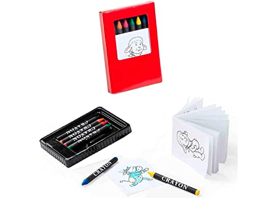 Lote de 20 estuches cada uno incluye 6 ceras más un bloc con 20 hojas con dibujos para colorear. Regalos infantiles cumpleaños, colegios