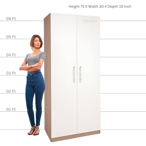 Image of AAVATAR 2-Door Wood Wardrobe with Shelves and Hanging Space for Bedroom, Wardrobe for Clothes, 2 Door Without Mirror (Colour - White & Yellow, Size 75 X 30 X 19 Inch)