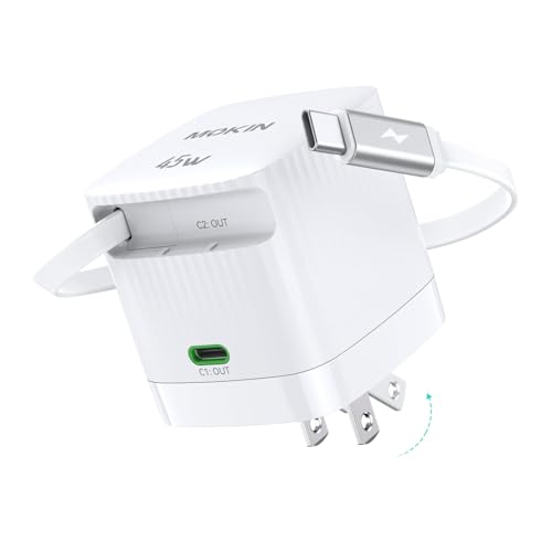 Image of USB-C Charger Block, 45W GaN 2 Port Fast Charging w /Built-in Retractable C Cable & Foldable Plug, PD /PPS for iPhone 16Pro Max /16 /Pixel 9 pro /Galaxy /iPad /MacBook (White)
