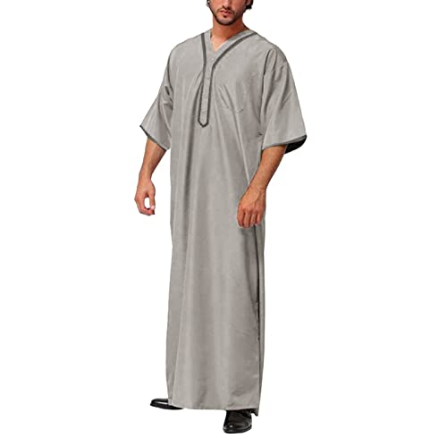 Thawb Men Big and Tall Kaftan Long Sleeve V Neck Kaftan Thobe Men Thobe with Pocket Muslim Men Thobe
