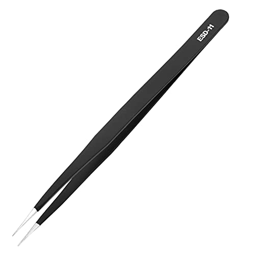 Utoolmart ピンセット ESDピンセット 静電防止ピンセット 尖り 全長142mm 1個入り ESD-11 精密ESD 極細 ステンレス製 厚肉 黒色 小ネジ取り 静電防止 電子工作 模型製作 手芸 毛抜き 防磁 防錆 耐酸 防腐