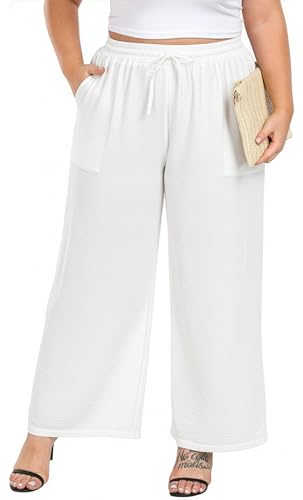 Lastshe Plus Size White Pants for Women Curvy Wide Leg Work Casual Pants High Waisted Flowy Palazzo Lounge Trousers Summer Spring Clothes White 3X