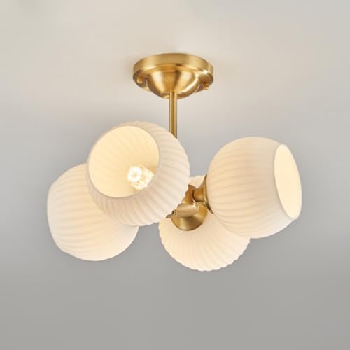 Jadssox Lámpara de techo de vidrio con montaje semiempotrado, luminarias de techo doradas para dormitorio, sala de estar, comedor, candelabro de 4 luces, lámpara de techo de latón con pantalla de vidr