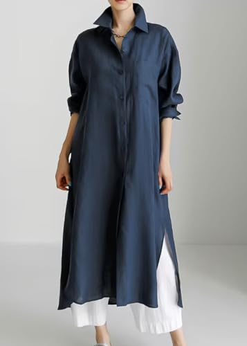chouyatou Women's Spring Button Down Cotton Shirt Dress Summer Flowy Side Slit Maxi Shift Dress4