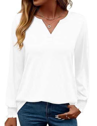 Rapbin Damen Tops Langarm Elegant Locker V-Ausschnitt Damenbluse Oberteile T Shirt Casual Herbst Tunika (L,Weiß)