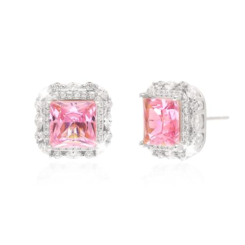 Sonateomber Silver Square Cubic Zirconia Moissanite Stud Earrings for Women, Sparkly Pink Tourmaline Rhinestone October Birthstone Earings Birthday Prom Wedding Accessories Fashion Jewelry Gift