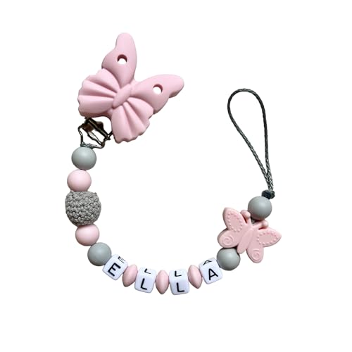 Generisch Schnullerkette mit Namen Mädchen grau rosa Schmetterling