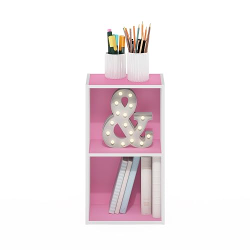 Image of Furinno PASIR Book Shelf, 2-Tier Modern Bookshelf, Open Shelves Bookcase 9 x 12 x 21, Easy Assembly, for Living Room, Bedroom, Home Office, Pink /White