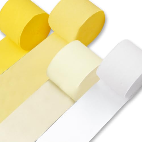 PartyWoo Yellow Crepe Paper Streamers 4pcs 328ft Pack of Pastel Yellow Pearl White Crepe Paper Streamers for Birthday Graduation Engagement Baby Shower Summer Sunflower Little Cutie Party Decorations