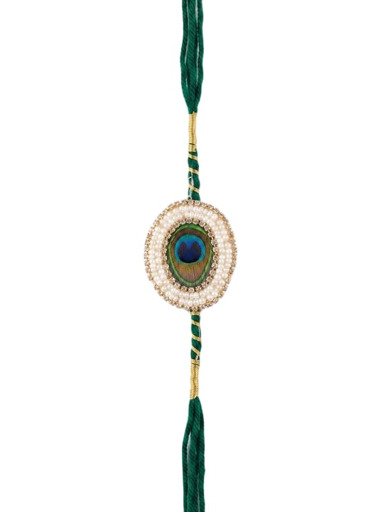Peacock Feather Rakhi with Pearl Beads, Green Thread, Oval Shape, Festive Raksha Bandhan (Pack Of 2)-picture-22