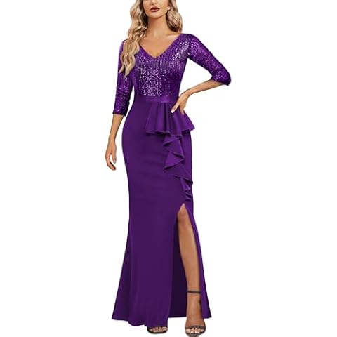 MISSMAY Women's Elegant Sequin V-Neck Evening Party Mermaid Long Dress （Medium, Purple） Cover