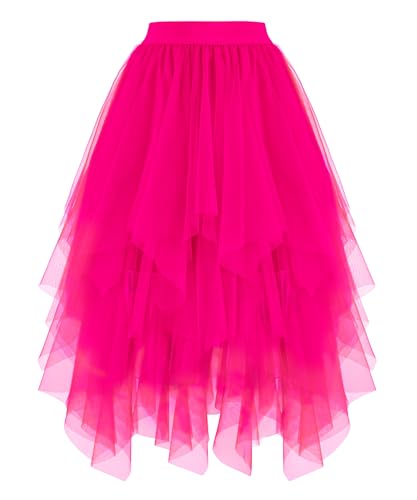 Ellames Womens Tulle Skirts High Low Layered Puffy Fairy Skirts Midi Length Irregular Tutu Skirt Fuchsia Medium