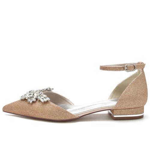 Women's Wedding Shoes Flats Satin Pointed Toe Rhinestone Ankle Strap Buckle Bridal Bridesmaid Flats4