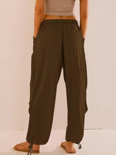 Image of Women's Linen Balloon Barrel Beach Pants Boho Harem Flowy Drawstring Casual Loose Pants with Pockets