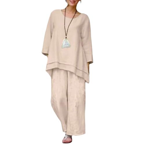 Women Linen Two Piece Pantsuits 2024 Casual Crewneck Long Sleeve Shirt Tops Wide Leg Lounge Pants Fashion Outfits