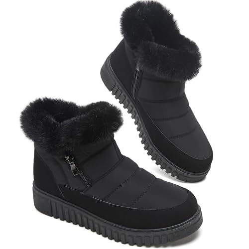 kufeiti Women's Waterproof Fall Winter Snow Boots Platform Fur Lined Ankle Boots for Women with Side Zipper Non Slip Outdoor Work Boots