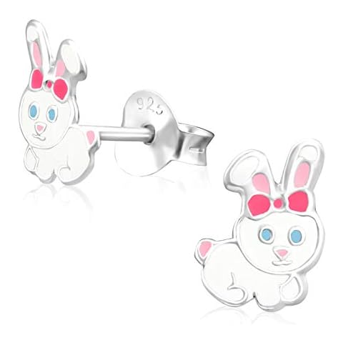 Laimons Pendientes para niñas, niños, conejos, 8 x 5 mm, color blanco, plata de ley 925 Cover