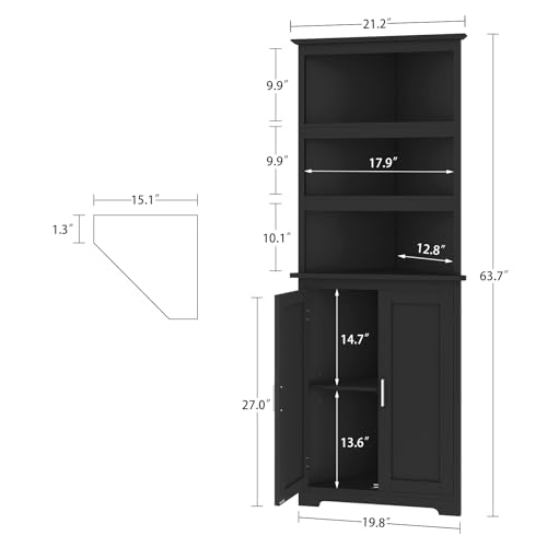 Image of TEENFON Corner Cabinet, Tall Corner Hutch with 5 Shelves & 2 Doors, Bathroom Cabinet with Adjustable Shelf, for Living Room, Kitchen, Bathroom, Black