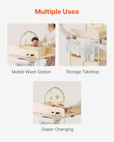 VEVOR Baby Changing Table, Adjustable Height Diaper Change Station with 2 Fabric Drawers, Side Basket and Hanging Rod, Foldable Changing Table with Lockable Wheels and 2 Star Toys, Light Beige