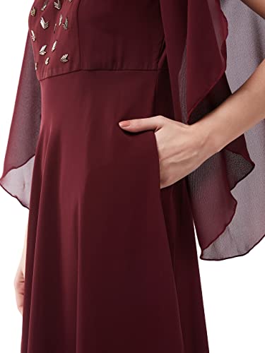 Image of Miss Chase Women's Wine Solid Relaxed Fit Round Neck Flared Sleeve Maxi Dress