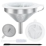 Kitchen Funnel for Filling Bottles, 5 Inch 304 Stainless Steel Funnel with Strainer for Transferring Oils Juices Wine Milk with Silicone Scraper and 100 Mesh 200 Mesh Filtel