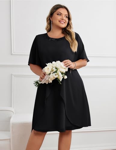 Image of Hanna Nikole Plus Size Dress for Curvy Women 2026 Wedding Guest Dress Sequined Crew Neck Cocktail Dress with High Low Hem