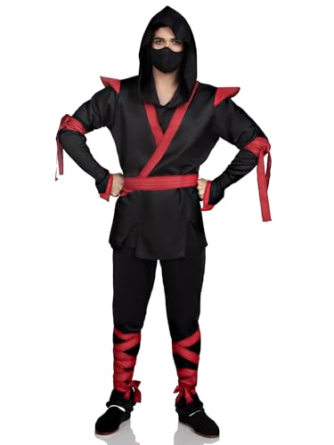 Leg Avenue Mens 5 Pc Ninja Costume with Shirt, Pants, Belt, Face Mask, Hood, X-Large, Black/Red
